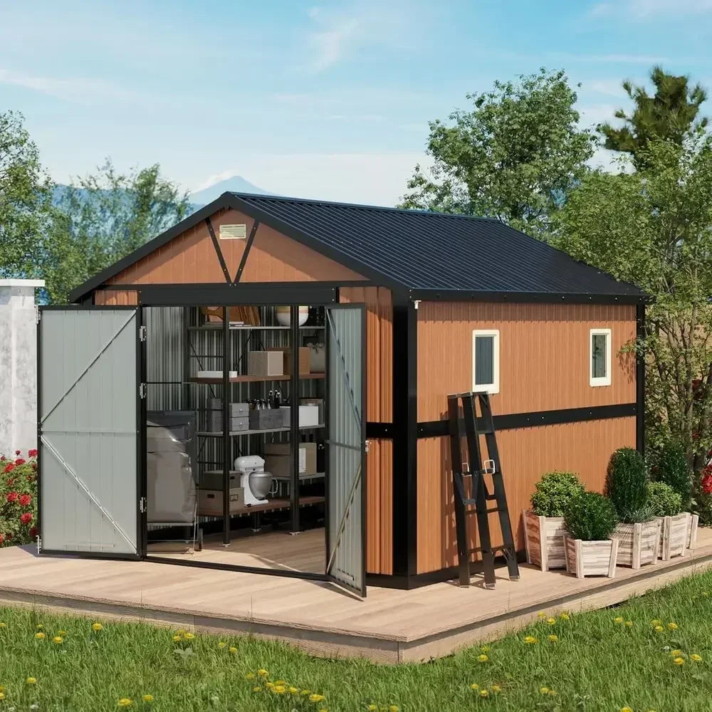 Outdoor Metal Storage Shed With Lockable Door And Two Windows