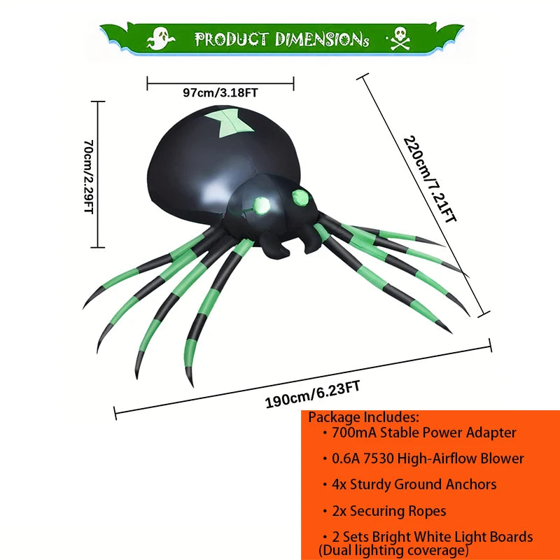 Giant 7.2 FT LED Glowing Inflatable Spider Creepy Blow Up Yard Decor with Stakes & Blower, Outdoor Halloween Airblown Spider for Lawn Garden Party Quick Setup & Fast Deflate Design Fast Shipping