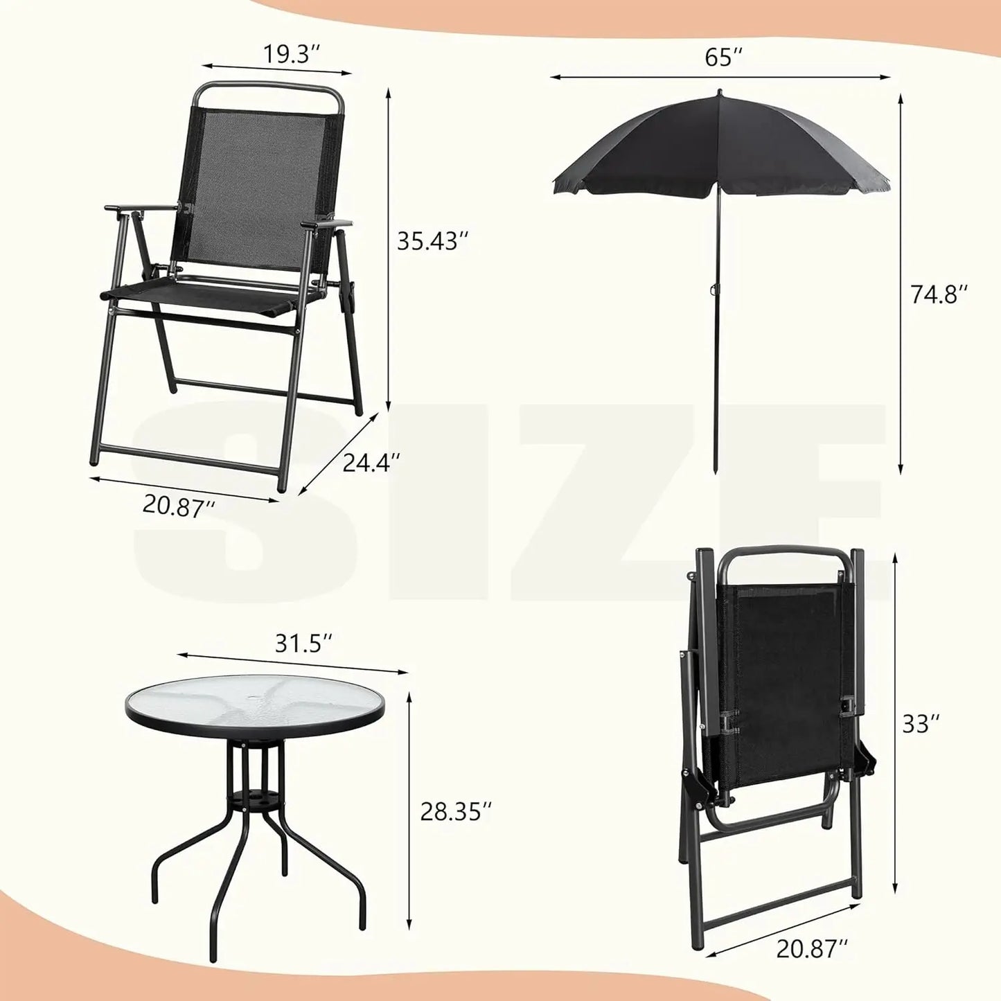Folding Metal Patio Dining Set With Umbrella Hole For Lawn Backyard