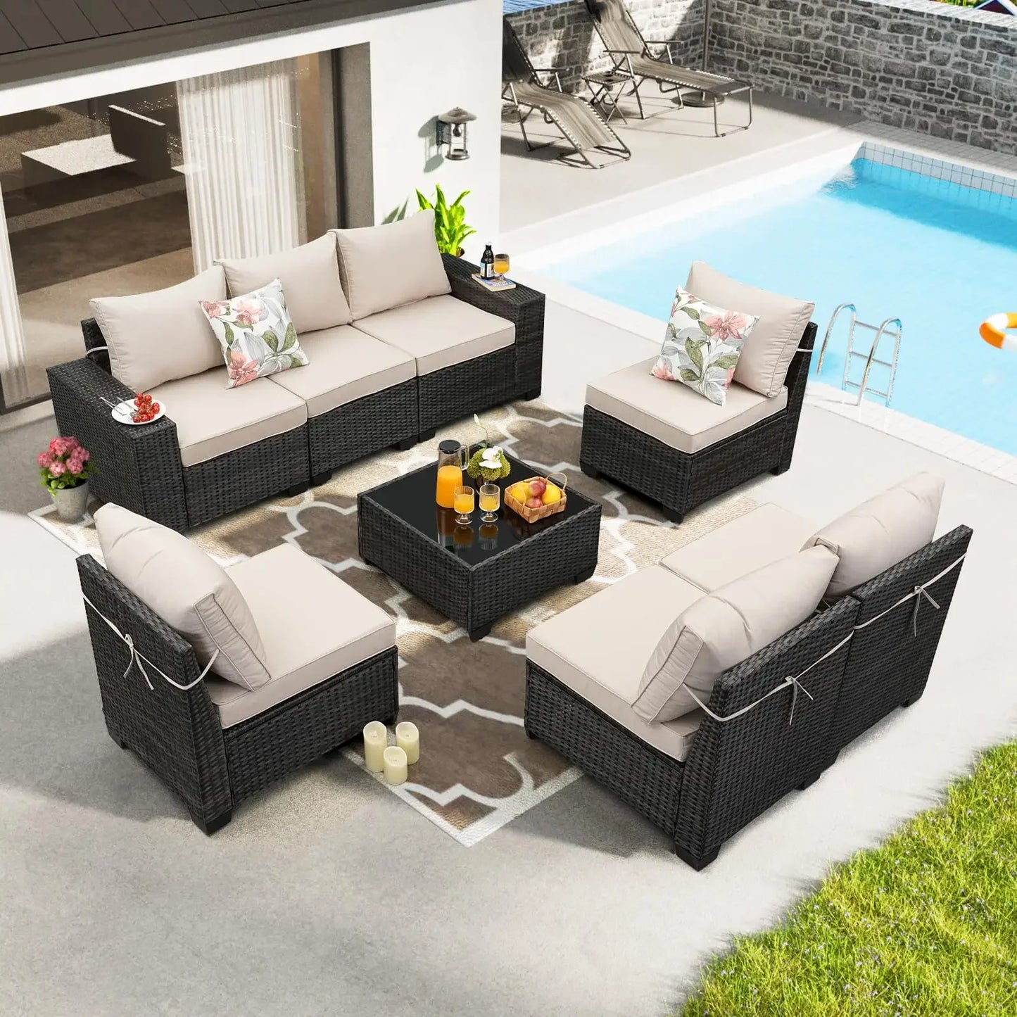 Patio Furniture Set Outdoor Wicker Sectional Conversation Sofa Rattan Patio Seating Sofa with Cushion and Glass Table