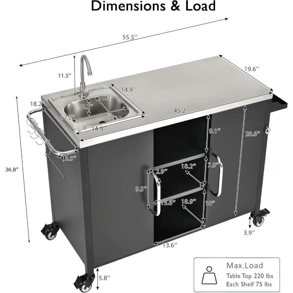Kitchen Island with Sink, Outdoor Bar Cart Station