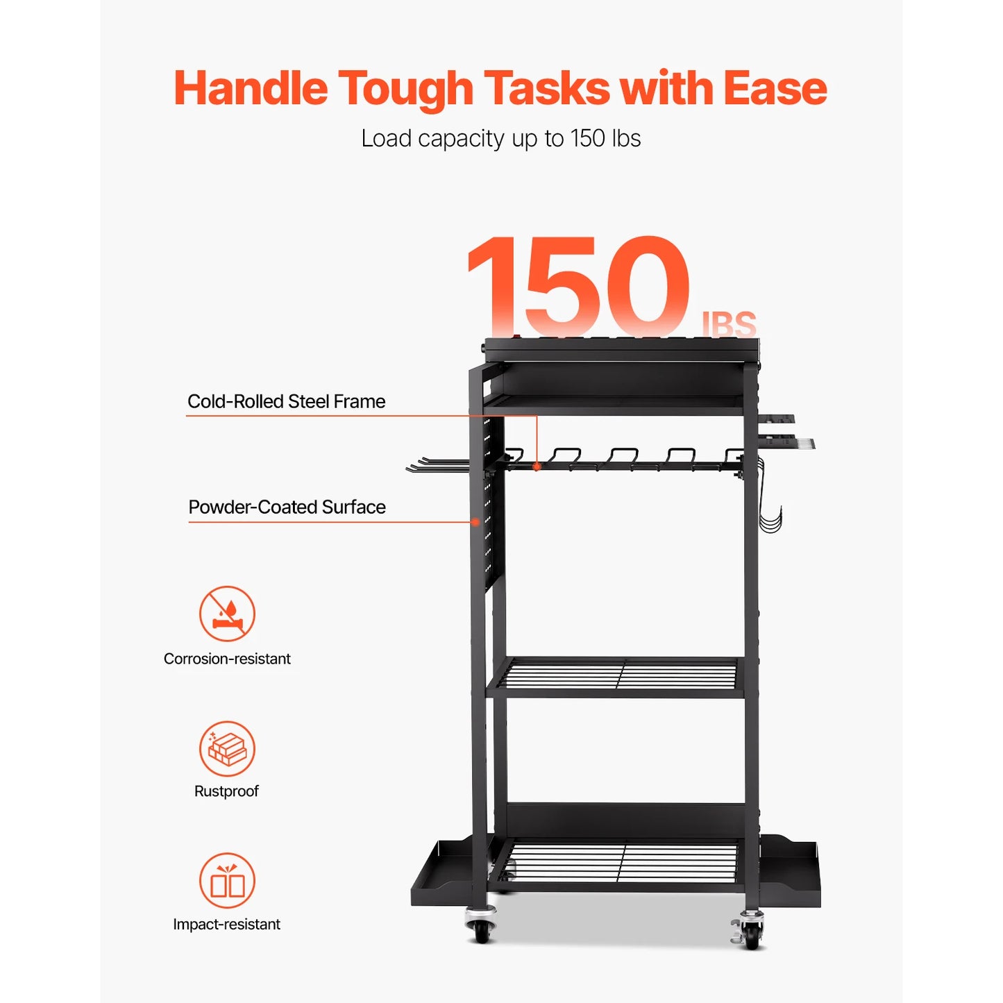 VEVOR 4-tier Tool Organizer Cart with Charging Station 8 AC Outlet Floor Stand Rolling Storage Drill Holder for Workshop Garage