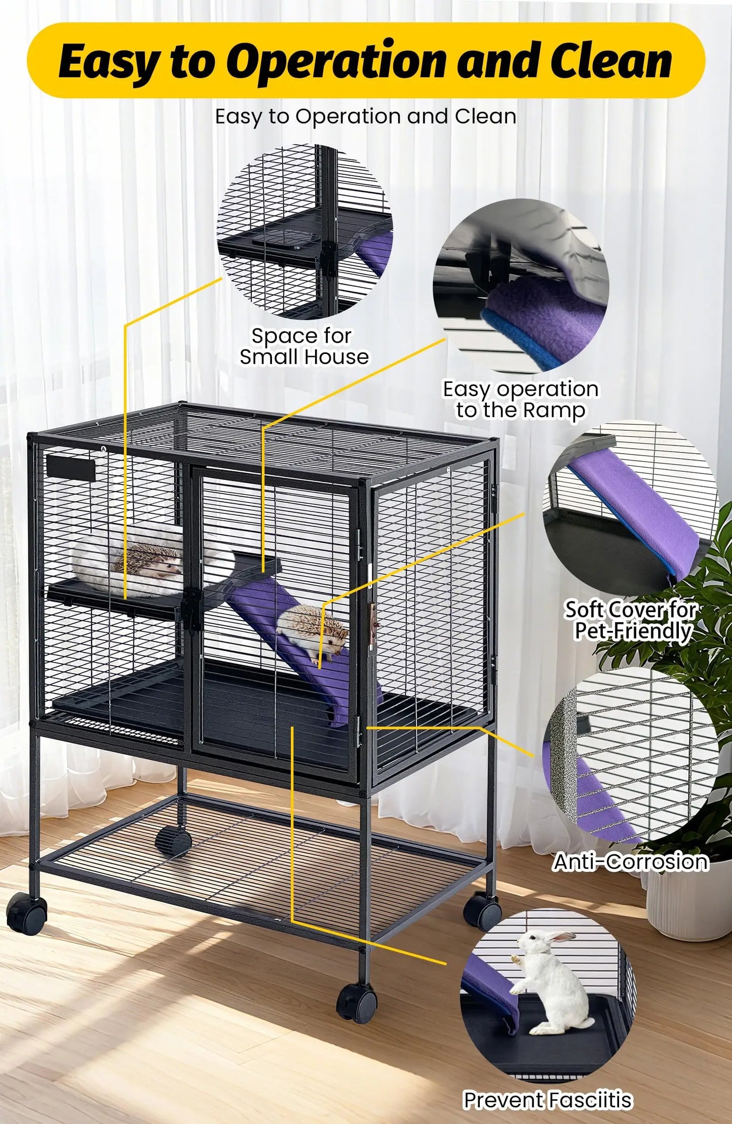 Multi-Level Metal Small Animal Cage Large Ferret Cage with Ramp Removable Tray & Storage Stand For Rabbit Guinea Pig Hedgehog