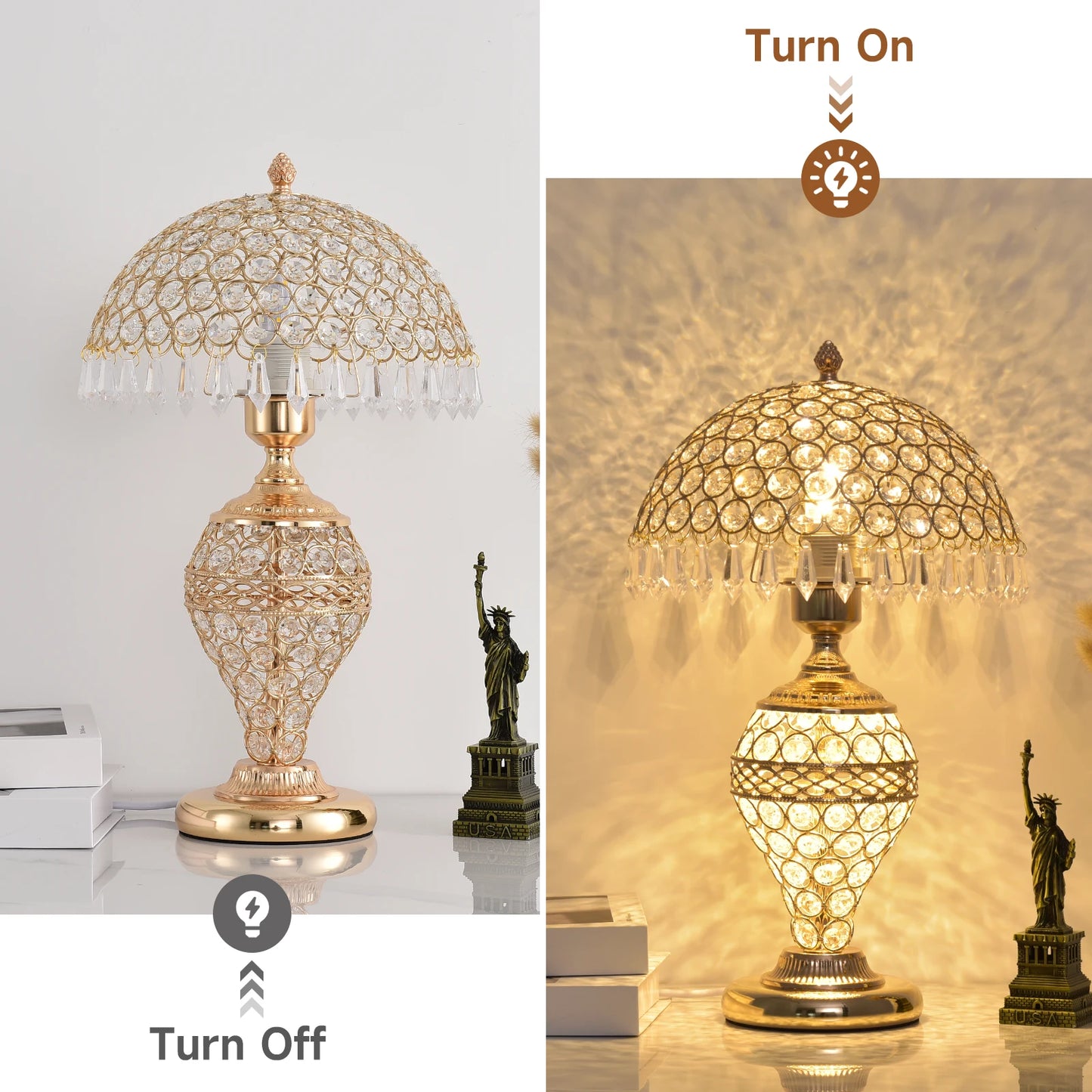Elegant Crystal Table Lamp Three-Color Adjustable Bedroom Bedside Night Light Gold-Plated Metal Desktop Lamp Living Room Bedroom Home Decorative Light