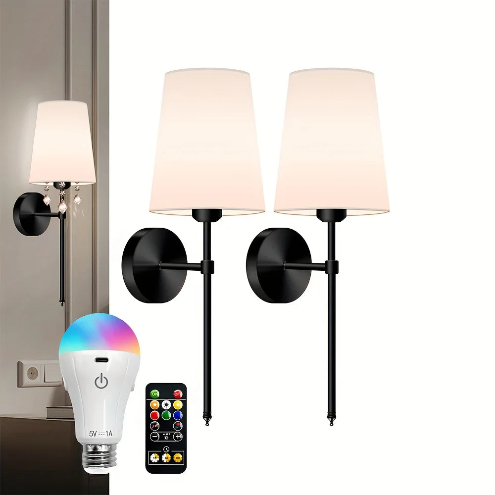 Battery Operated Wall Sconce Set of 2,Gold Rechargeable Wall Lights with Dimmable Bulbs and Remote,10 Colors Wireless W