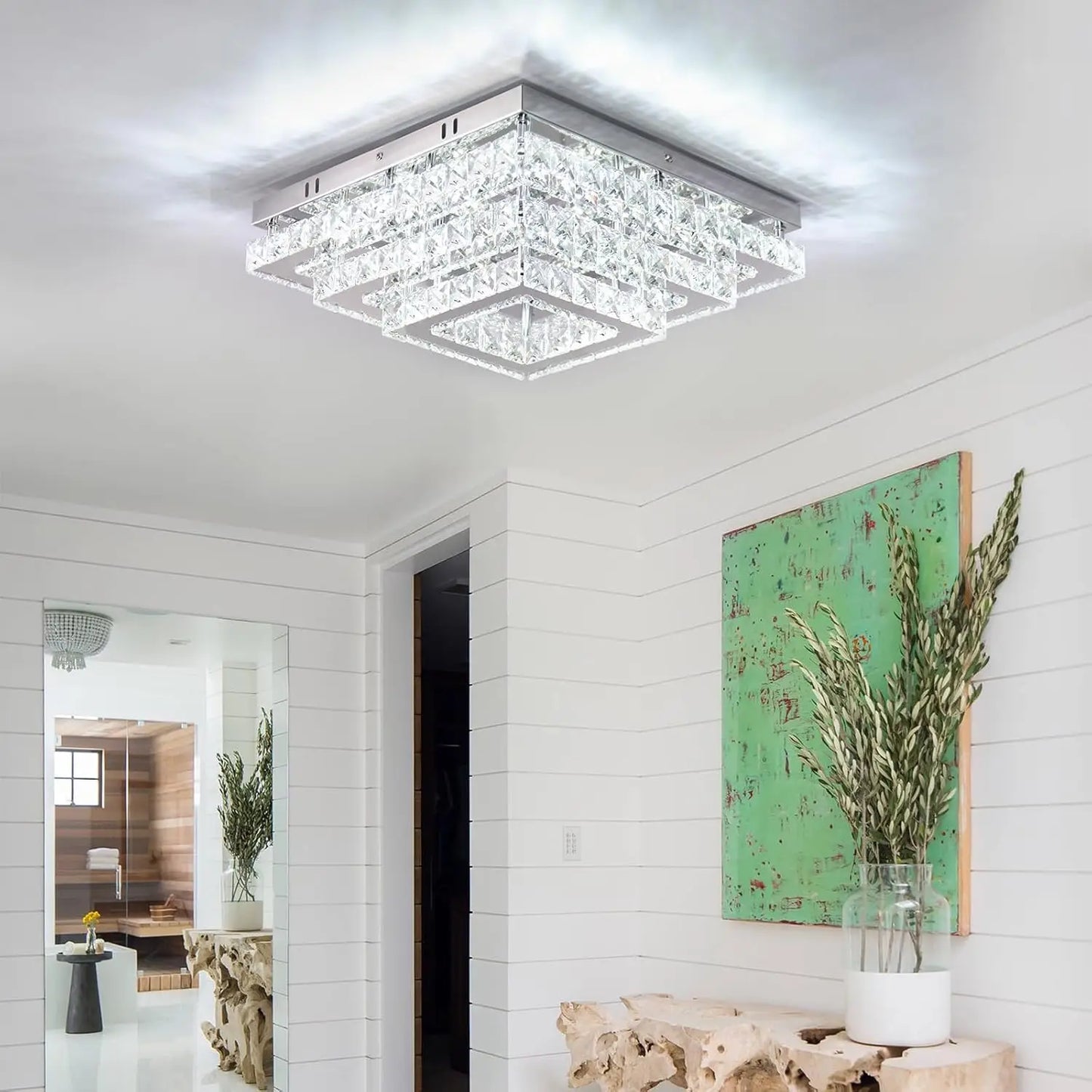 FRIXCHUR Dimmable Square Crystal Flush Mount Ceiling Light 3000-6500K Remote