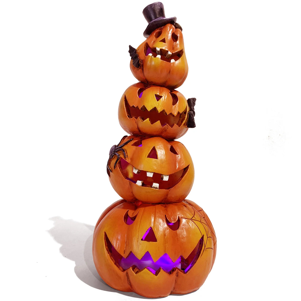 Halloween Light-Up Stacked Pumpkin Figurine, 4-Tier Jack-O-Lantern Tower with Black Top Hat, Bats, Spider and Web, Glowing Hand-Painted Tabletop Decor for Mantel, Shelf, Fireplace, Entryway, Spooky Party and Haunted House Dis