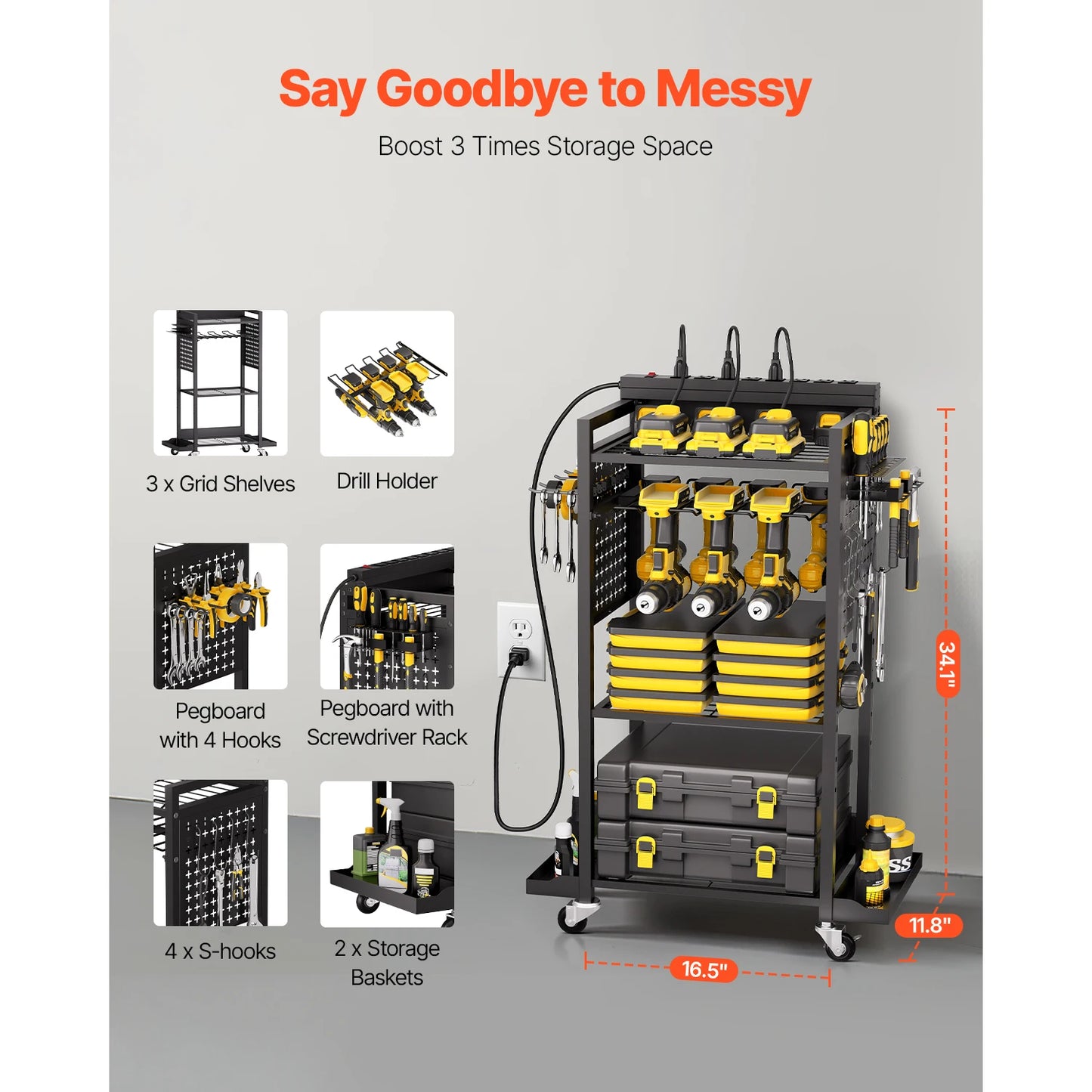 VEVOR 4-tier Tool Organizer Cart with Charging Station 8 AC Outlet Floor Stand Rolling Storage Drill Holder for Workshop Garage