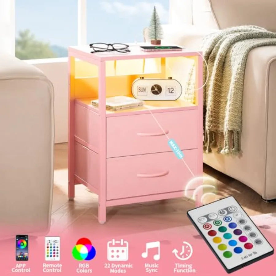 Nightstand with Charging Station, LED Night Stand with Fabric Drawers and Storage Shelf for Bedroom, Nightstands Bedside Tables