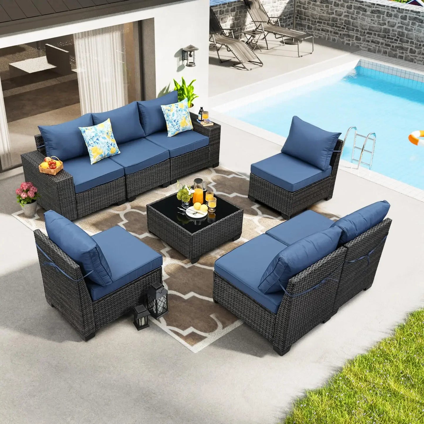 Patio Furniture Set Outdoor Wicker Sectional Conversation Sofa Rattan Patio Seating Sofa with Cushion and Glass Table