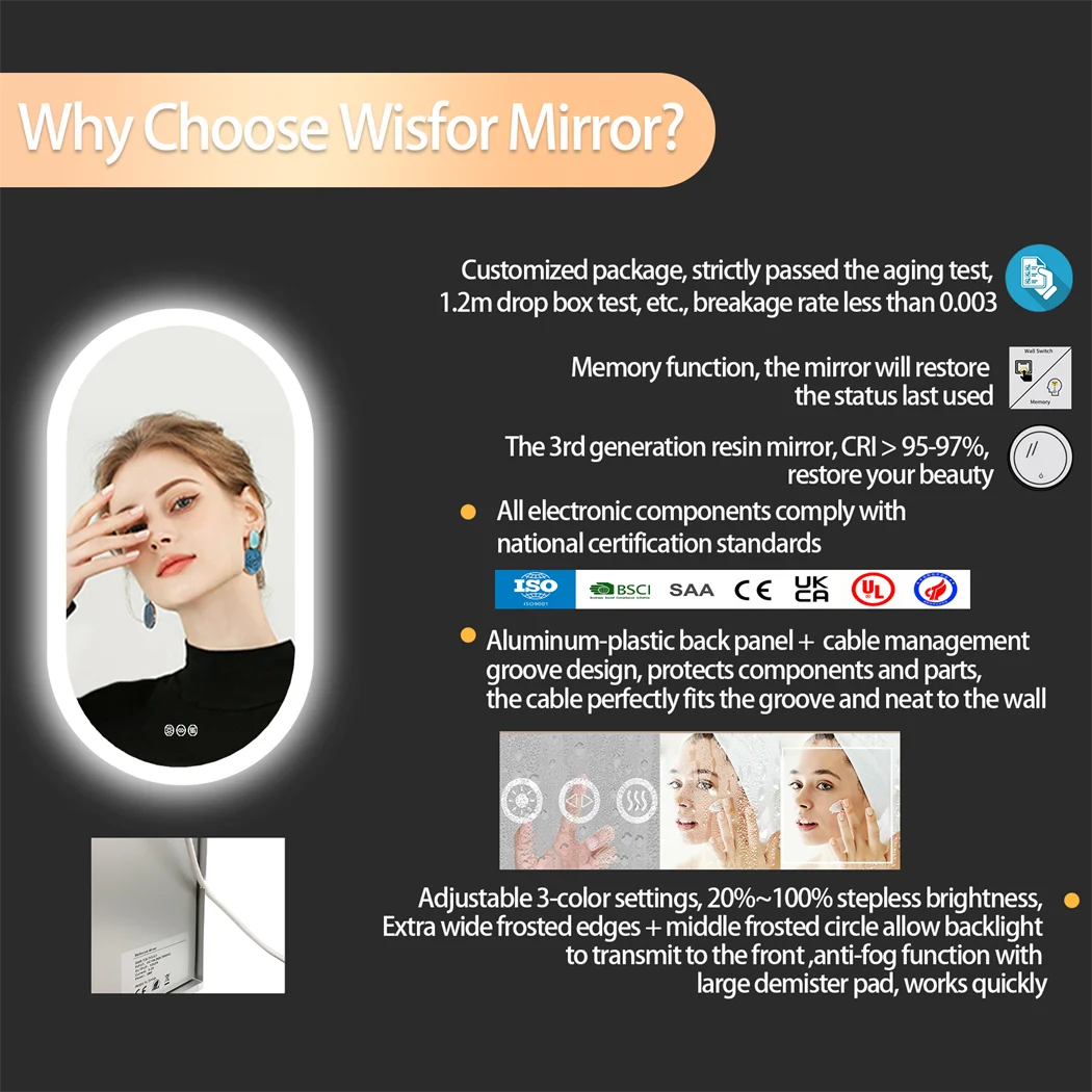 Borwart Oval Led Bathroom Mirror Dimmable Anti Fog Wall Mounted