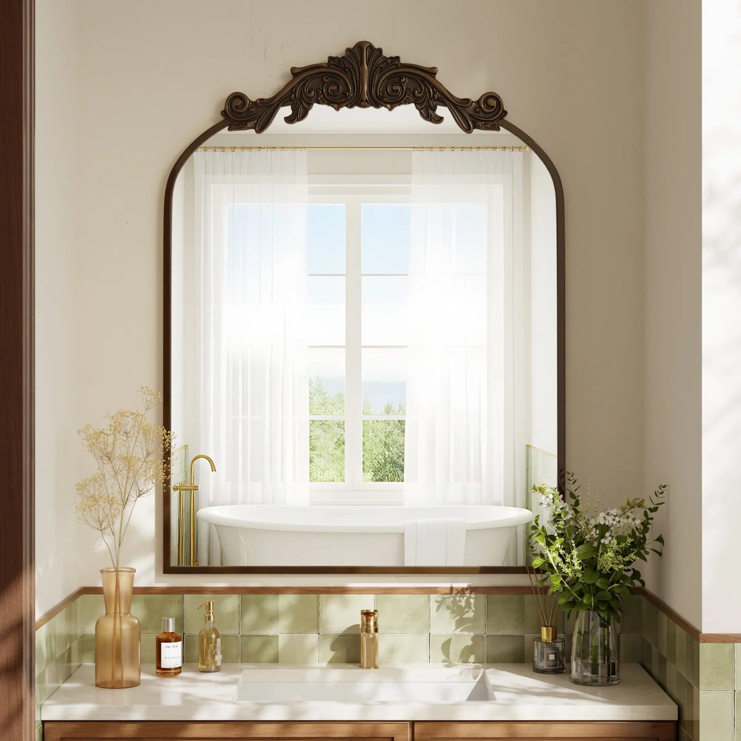 BEAUTYPEAK Classic Wall Decor Mirror Arched Metal Vintage Bathroom Mirror