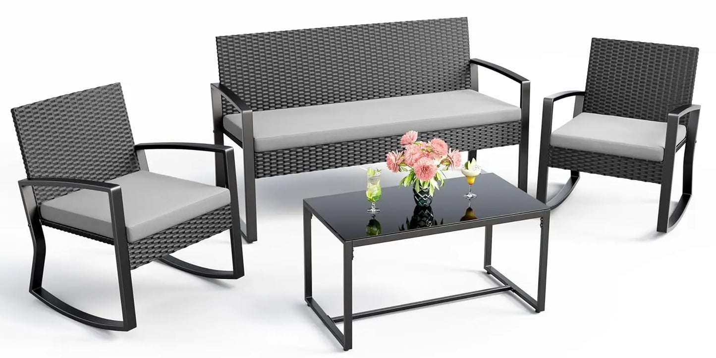4 Piece Outdoor Patio Furniture Set, Wicker Patio Furniture with Glass Coffee Table, Rocking Wicker Bistro Set, for, Customized