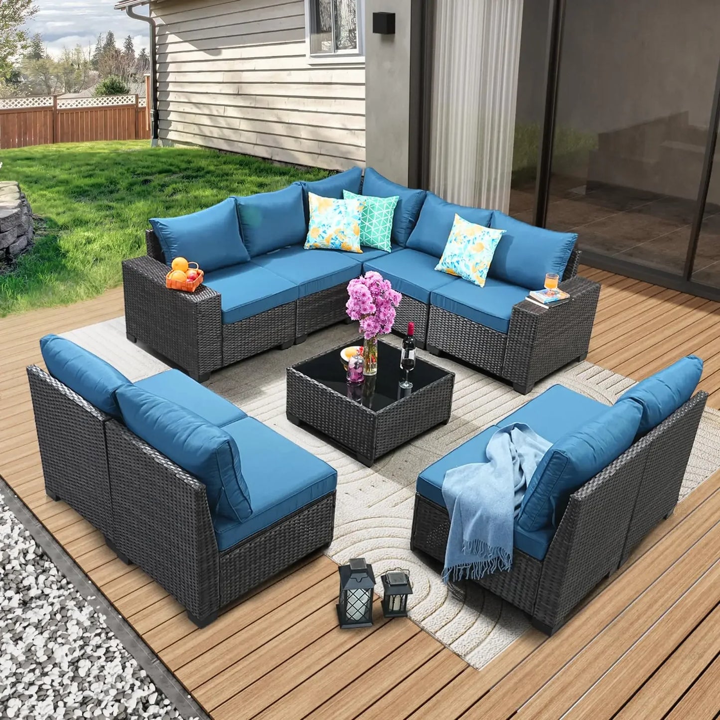 Patio Furniture Set Outdoor Wicker Sectional Conversation Sofa Rattan Patio Seating Sofa with Cushion and Glass Table