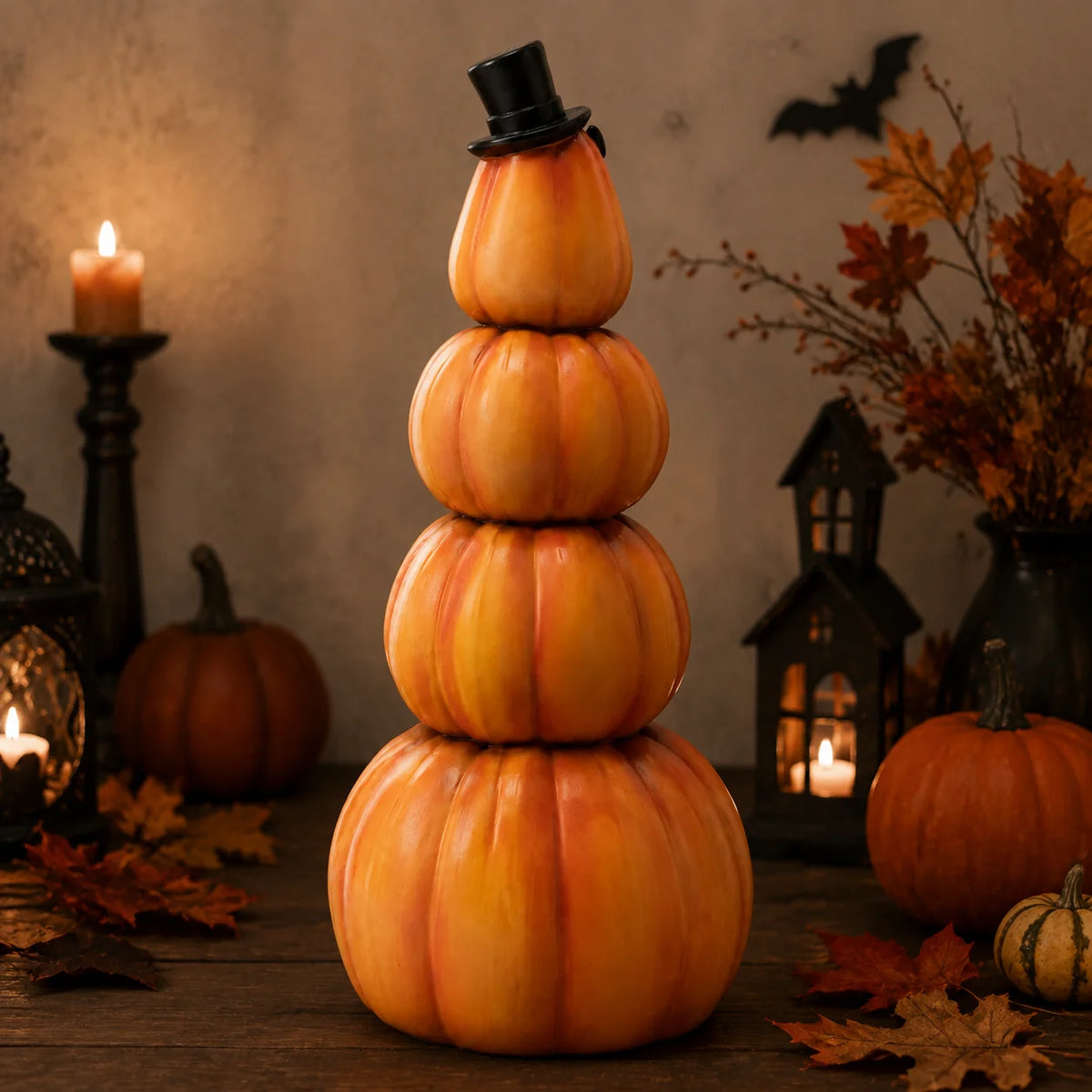 Halloween Light-Up Stacked Pumpkin Figurine, 4-Tier Jack-O-Lantern Tower with Black Top Hat, Bats, Spider and Web, Glowing Hand-Painted Tabletop Decor for Mantel, Shelf, Fireplace, Entryway, Spooky Party and Haunted House Dis