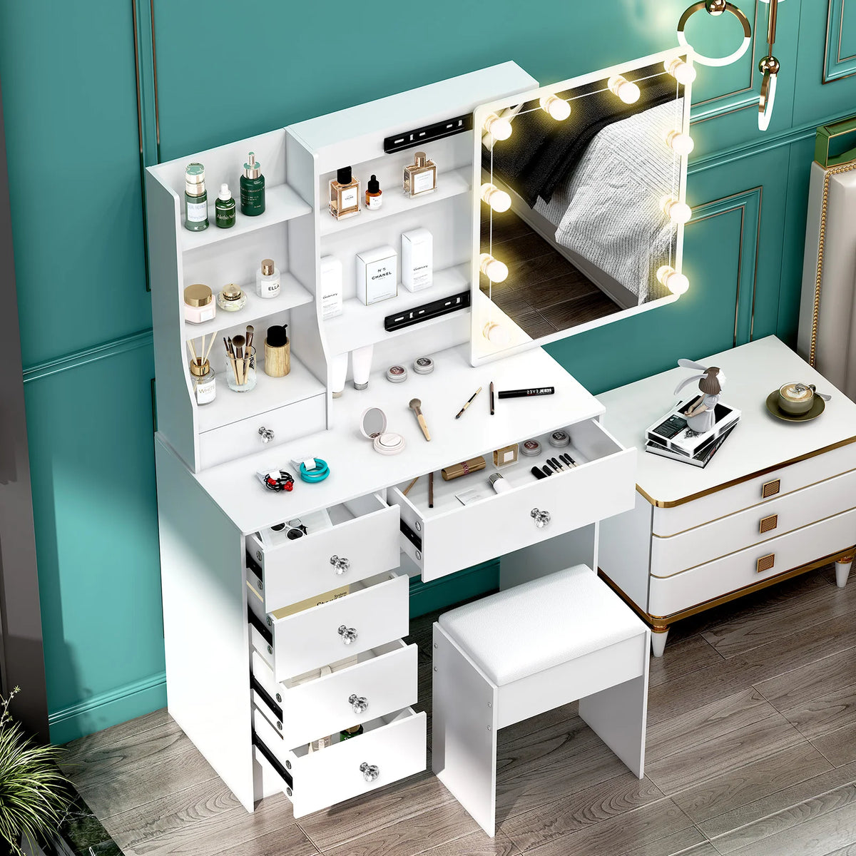 Teousev Modern Vanity Set With Led Mirror And Six Drawers