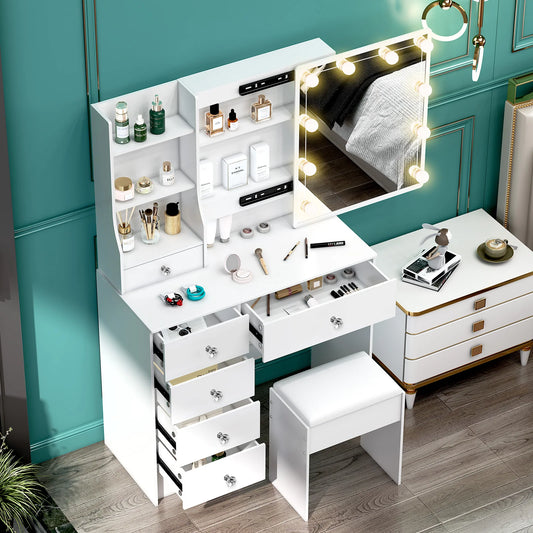 Teousev Modern Vanity Set With Led Mirror And Six Drawers