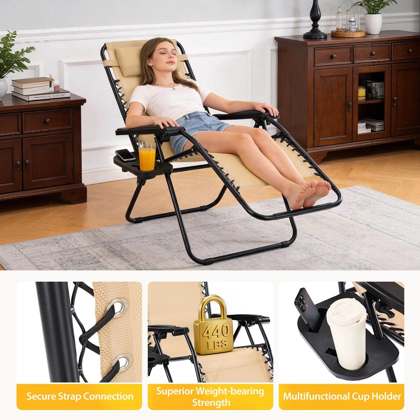JHK Portable Zero Gravity Recliner Chairs Set of 2 Outdoor Lounge Chair with Cup Holder Trays Adjustable Pillow