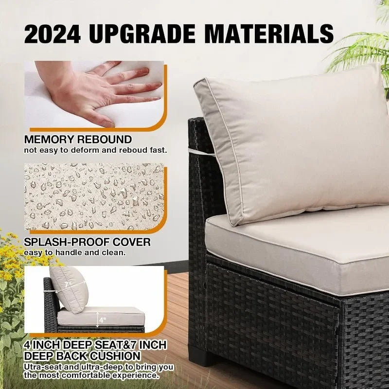 Patio Furniture Set Outdoor Wicker Sectional Conversation Sofa Rattan Patio Seating Sofa with Cushion and Glass Table