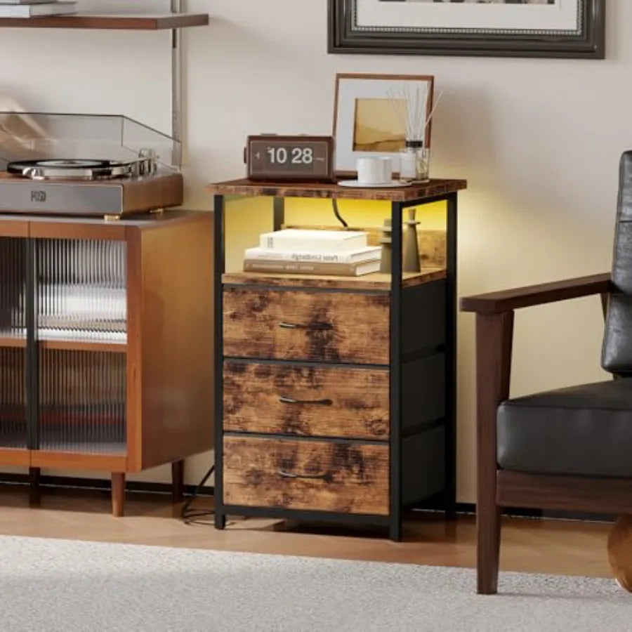 Night Stand with Charging Station, LED Nightstand with Fabric Drawers, End Table with PU Finish, Bed Side Table