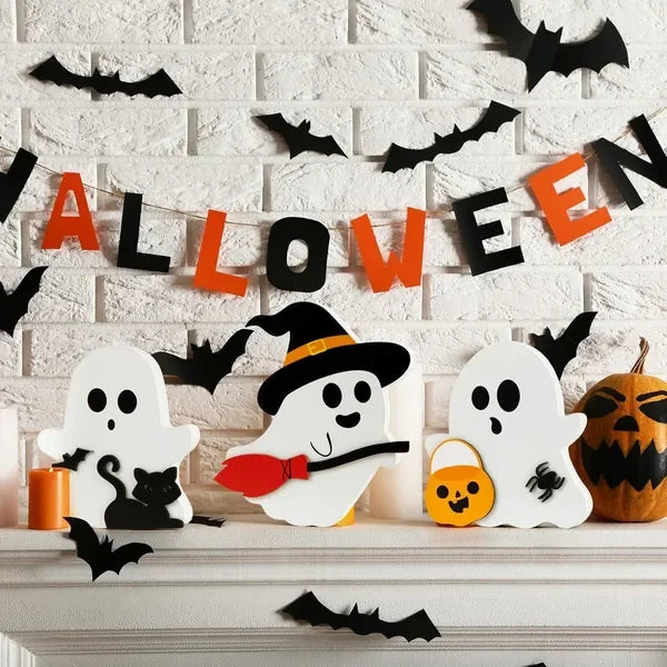 Wooden Halloween Decor Tiered Tray Set With Cat Witch Pumpkin