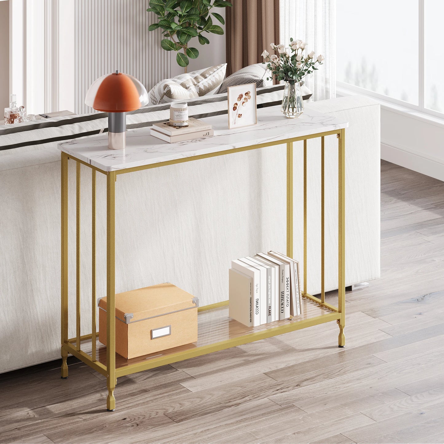 Console Table Sofa Tables Narrow Entryway Table with Glass Shelf Metal Frame 33.5” Behind Couch Table for Hallway Living Room