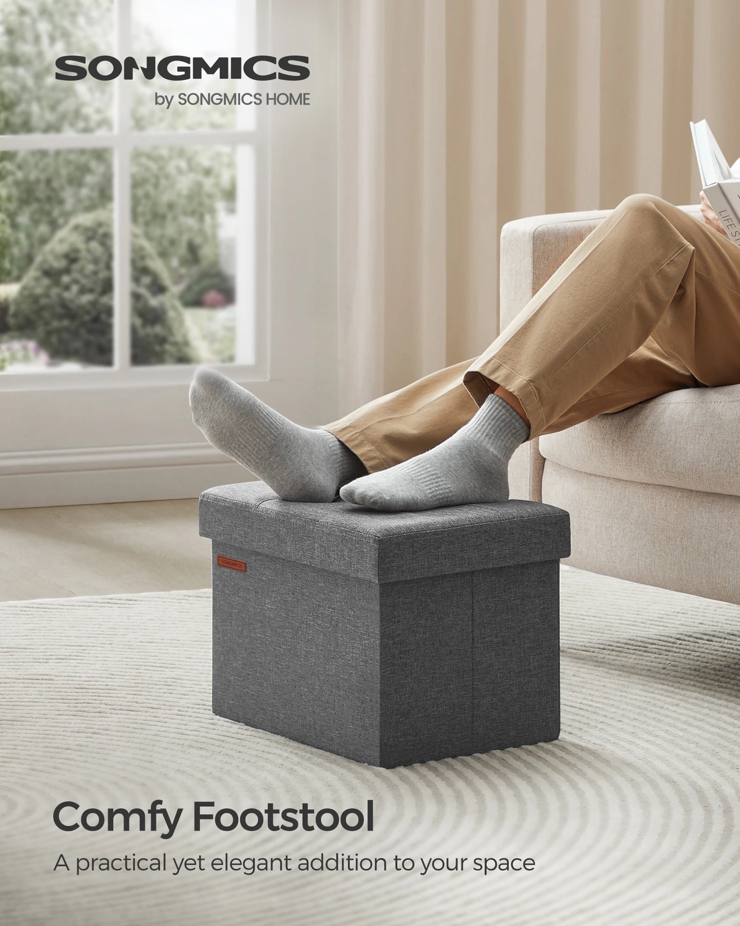 SONGMICS Small Folding Storage Ottoman, Set of 2, Foot Rest Stool, Cube Footrest, 12.2 x 16.1 x 12.2 Inches, 286 lb Load Capacit