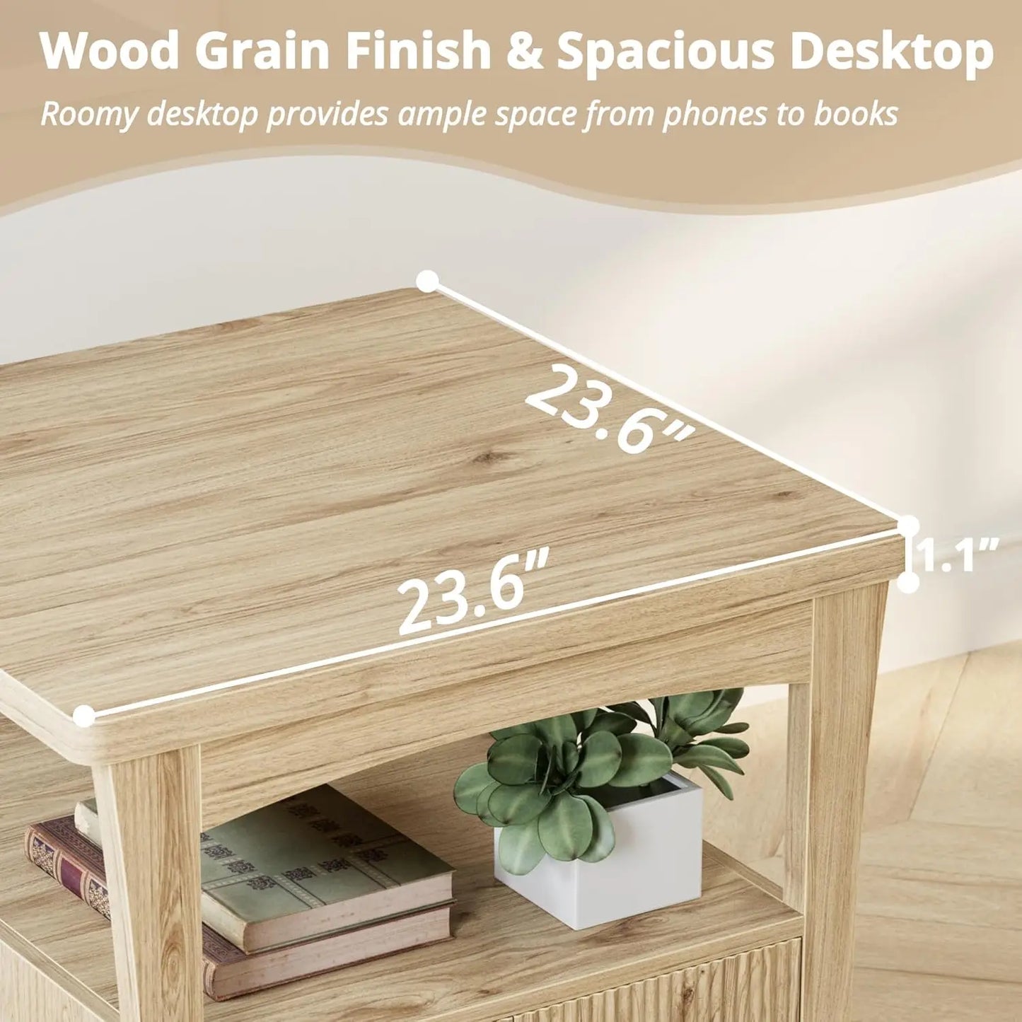 Nightstand with Charging Station, Wood Night Stand, 23.6inch Large Bedside Table with Storage, End Table for Bedroom, Oak