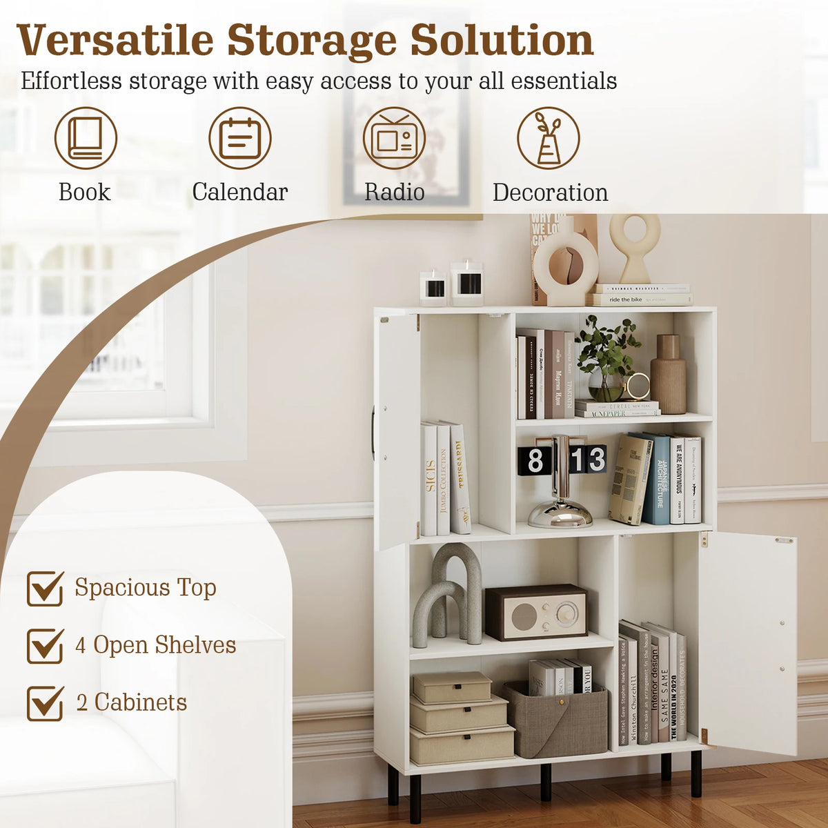 Homasis Wooden Storage Cabinet With Two Doors And Open Shelves