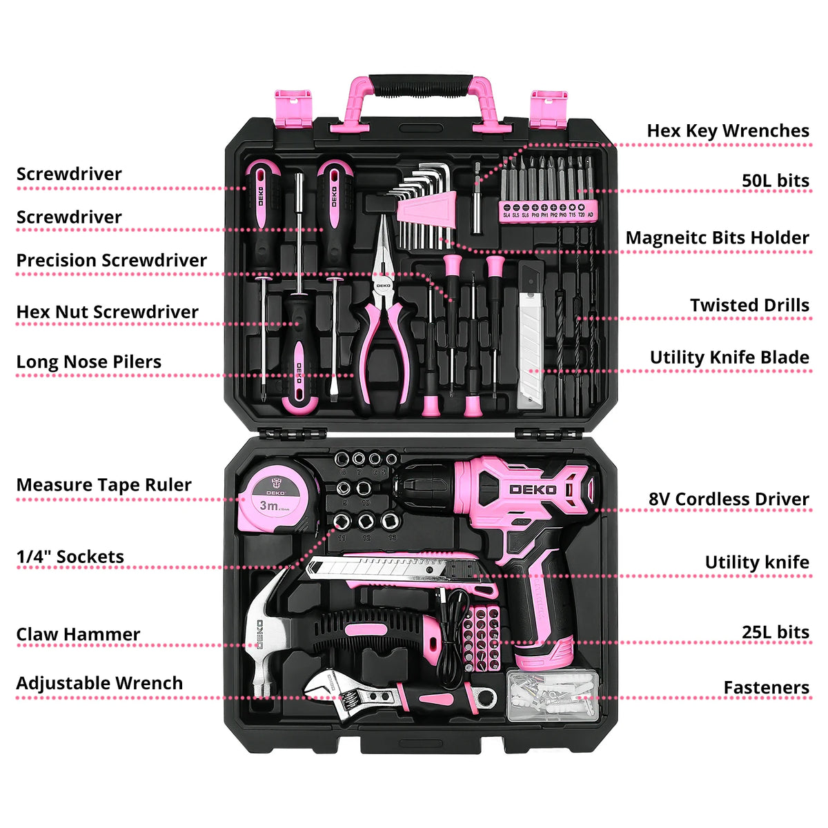 DEKO 126Pcs Power Tool Combo Kit with 8V Cordless Drill, Keyless Chuck, Professional Home Household