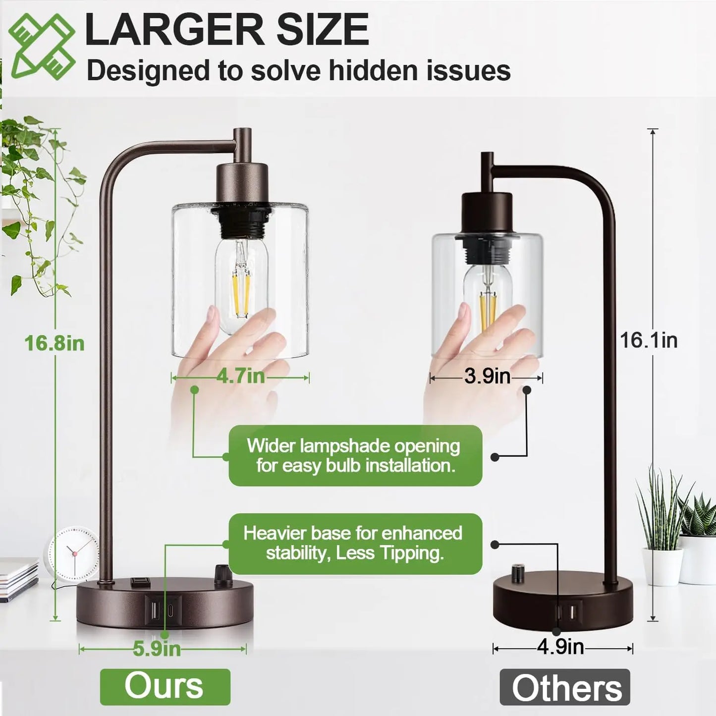 Oil Rubbed Bronze Table Lamps With USB C And USB A Ports Dimmable Glass Shade