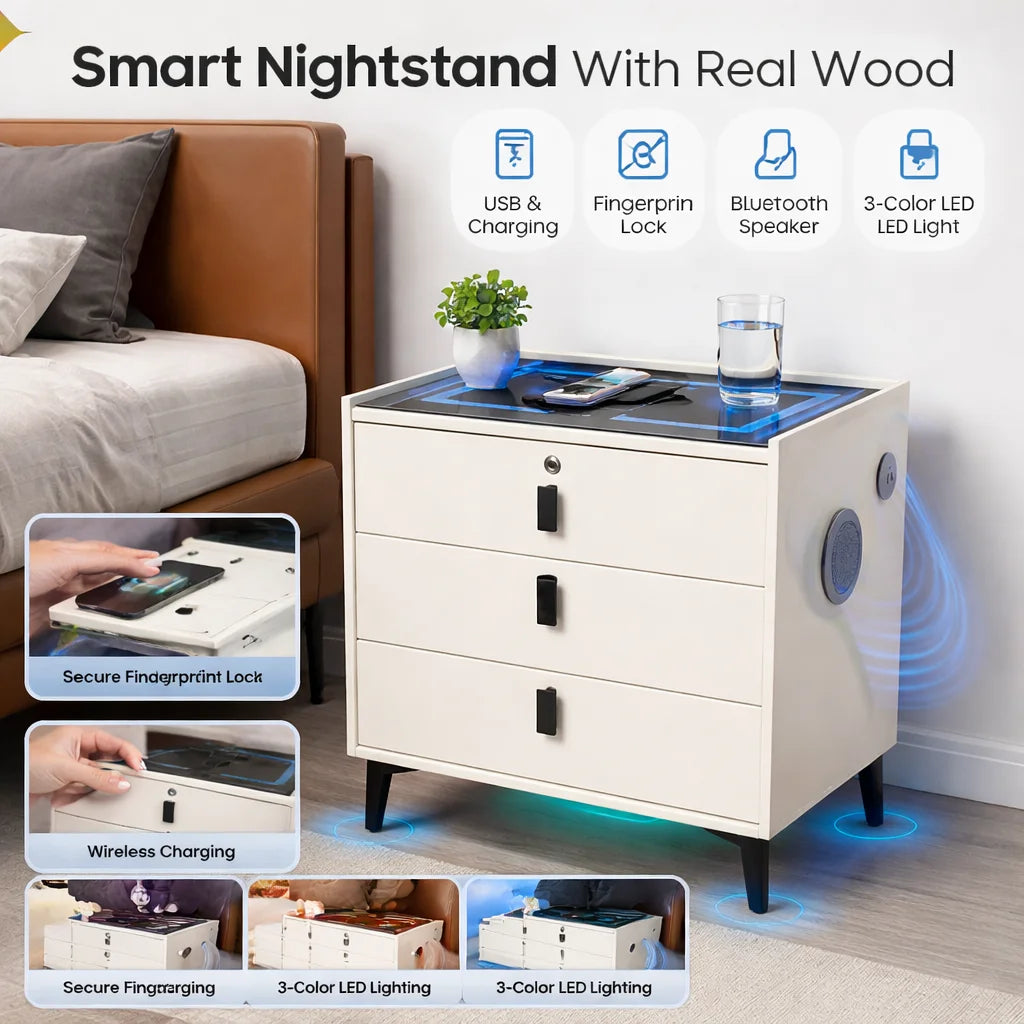 59x50x40cm Solid Wood Smart Nightstand 3-Drawer USB&Wireless Charging BT Speaker Fingerprint Lock 3-Color Light Beige White