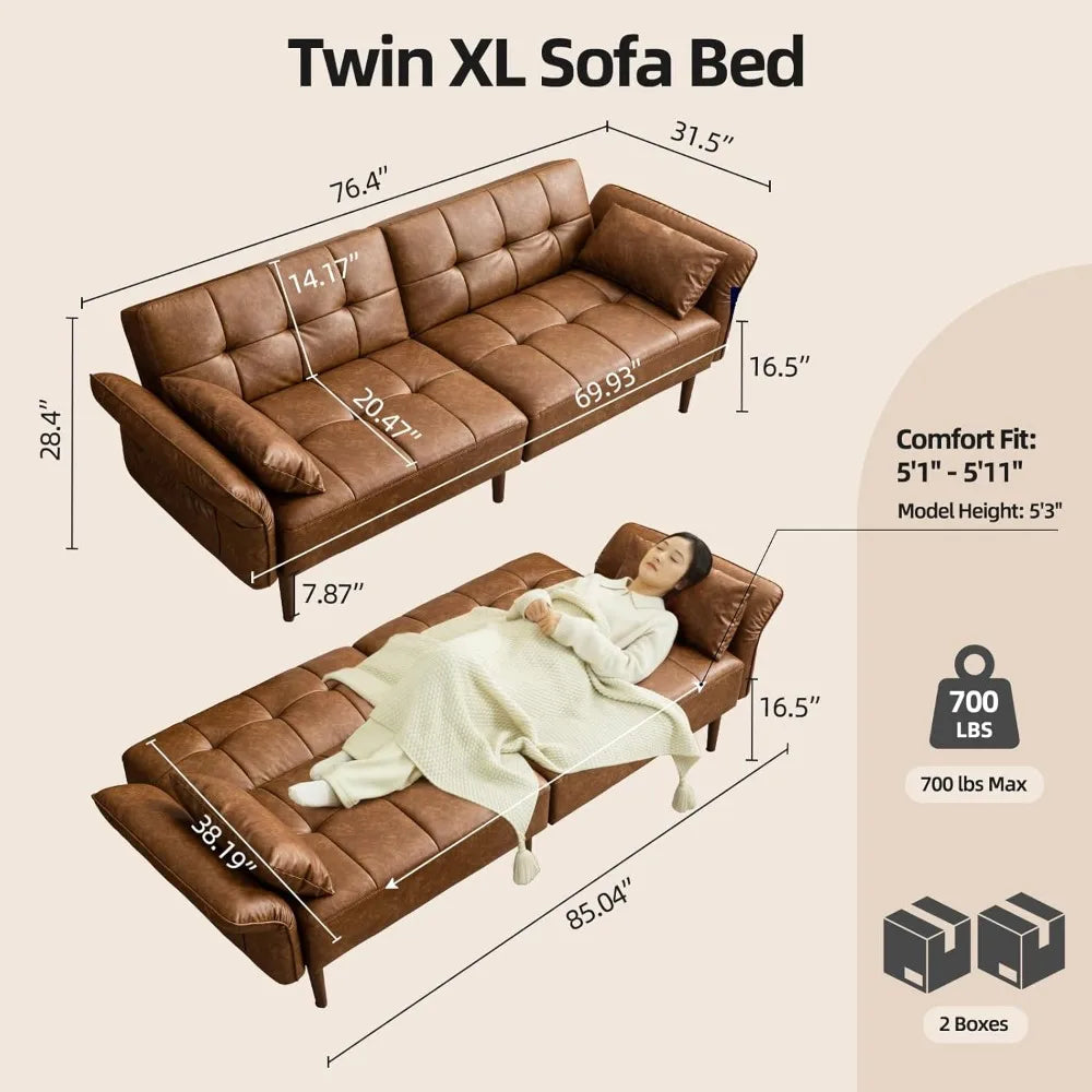 Mid Century Faux Leather Futon Sofa Bed With Storage