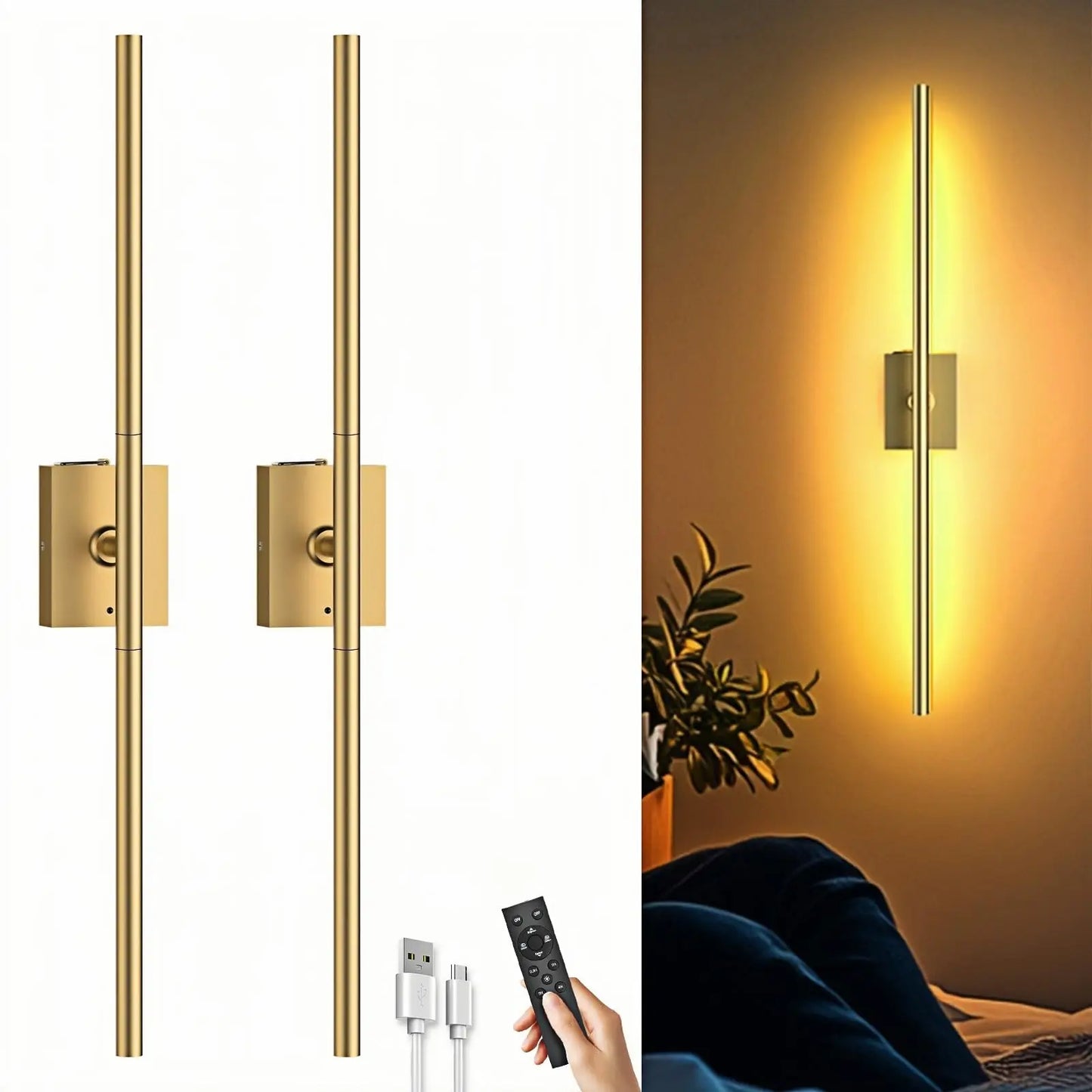 Battery Operated Wall Sconces Set of 2: 10000mAh Rechargeable Wall Lights with Remote Control, 360° Rotate Wireless Wall Scone Decor for TV/Mirror Bedroom Living Room, 31.5 Inch, Black
