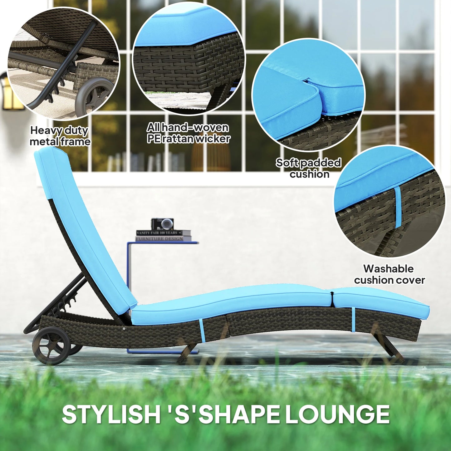 Outdoor Reclining Lounge Chair, PE Wicker, Rolling Wheels, Patio, Sky Blue