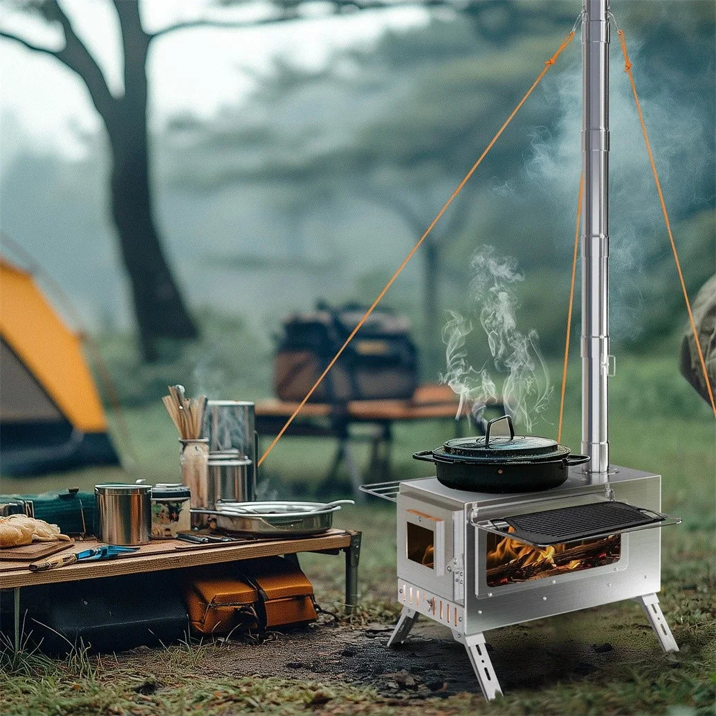 Hot Tent Stove, Wood Burning Stove, Portable Wood Stove with 6 Stainless Chimney Pipes for Outdoor Heating & Cooking