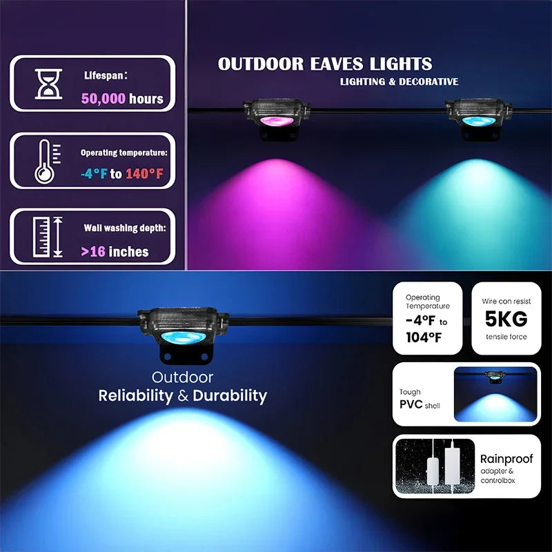 300FT Permanent Outdoor RGB Lights IP67 Waterproof Smart Eave Light DIY Scenes for House Roof Decor Christmas Holiday Lighting