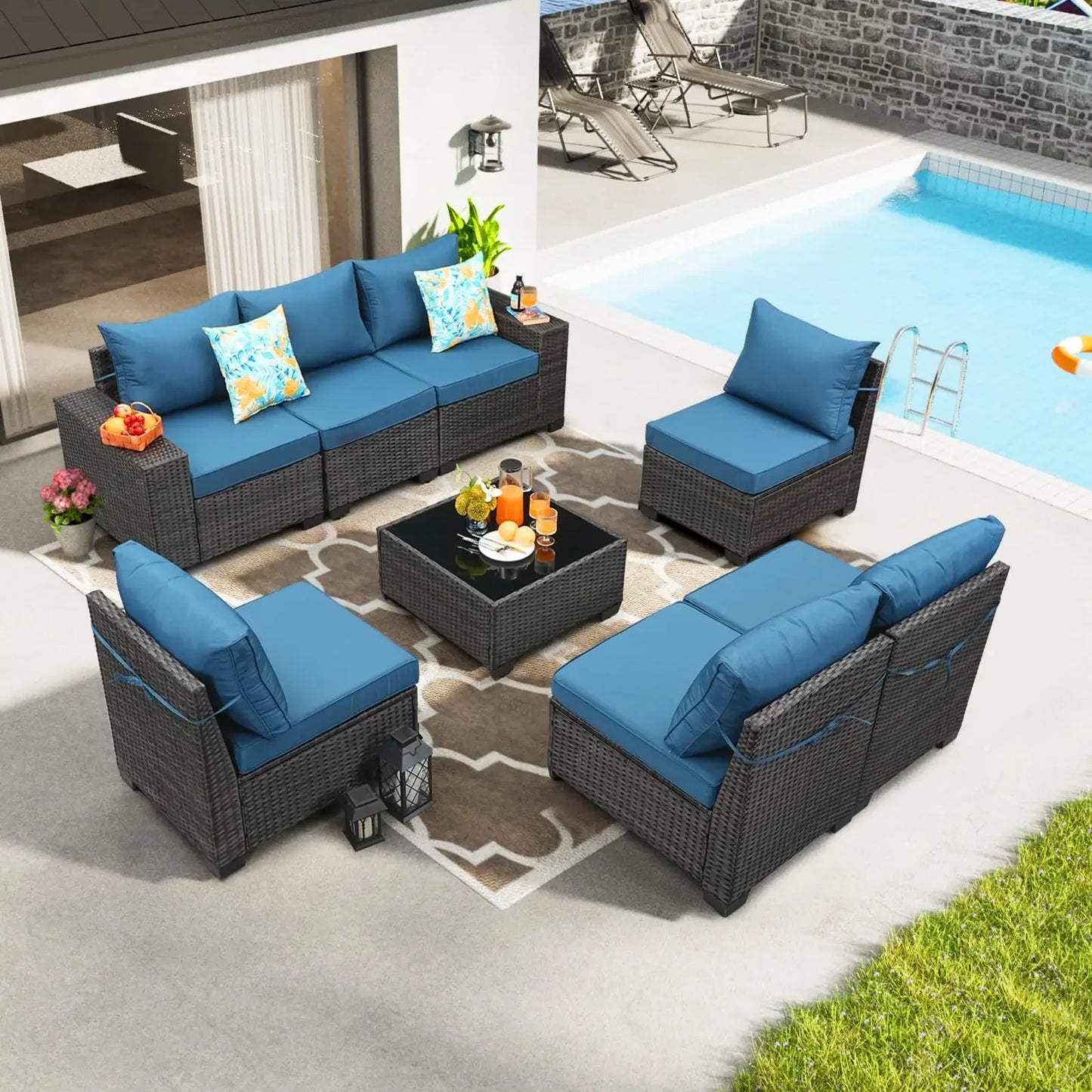 Patio Furniture Set Outdoor Wicker Sectional Conversation Sofa Rattan Patio Seating Sofa with Cushion and Glass Table