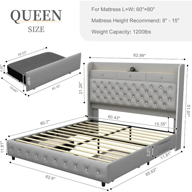 LED Bed Frame with Galaxy Aurora Star Projector and Charging Station, Platform Beds with 52" Diamond Upholstered Customized Headboard Lights