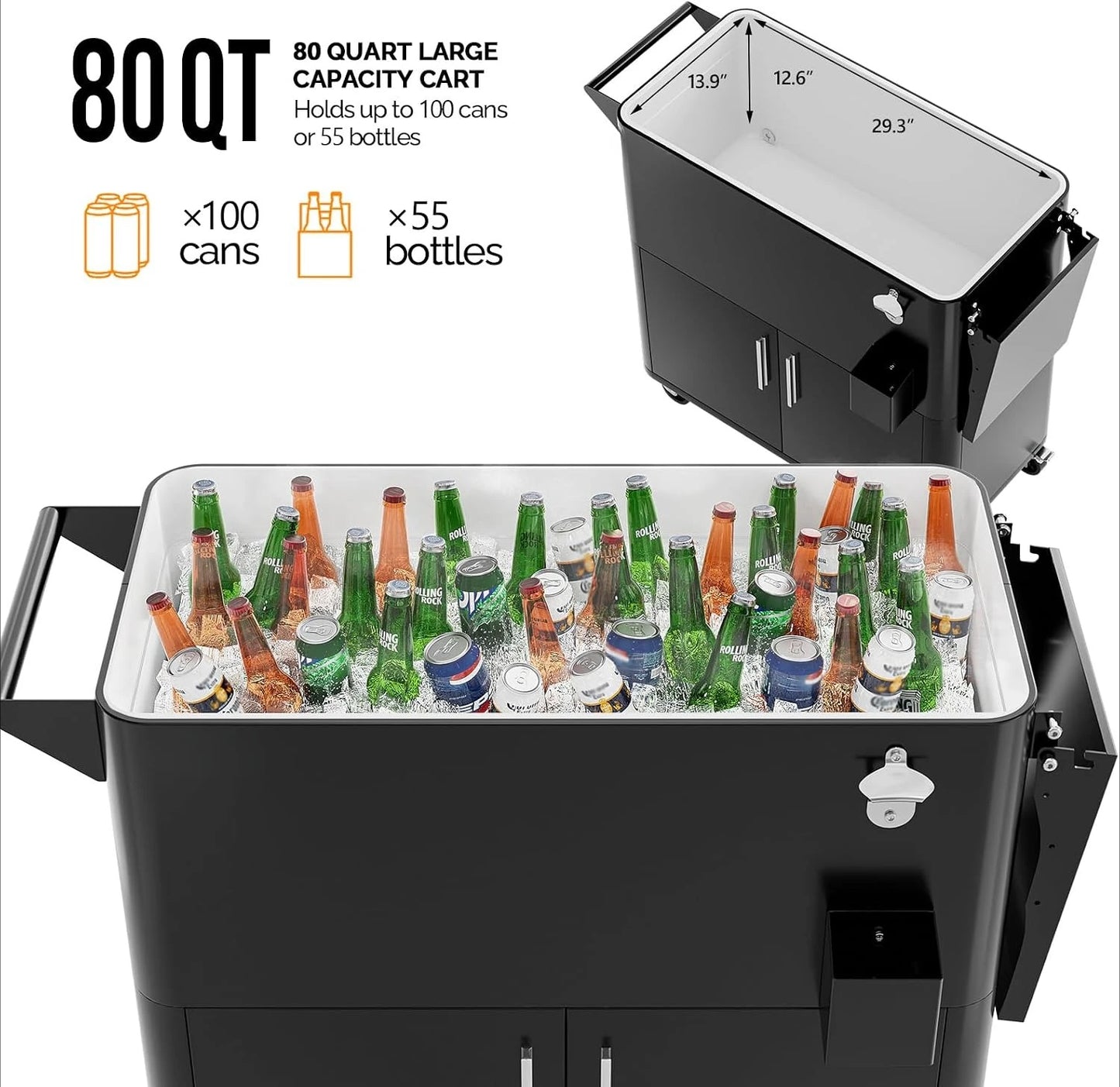 Outdoor Patio Beverage Cooler Ice Chest with Attached Storage Cabinet, Built-In Bottle Opener & Bottom Drainage System, Rolling Beverage Storage Cart for Parties, Deck, Pool and Backyard Gathering
