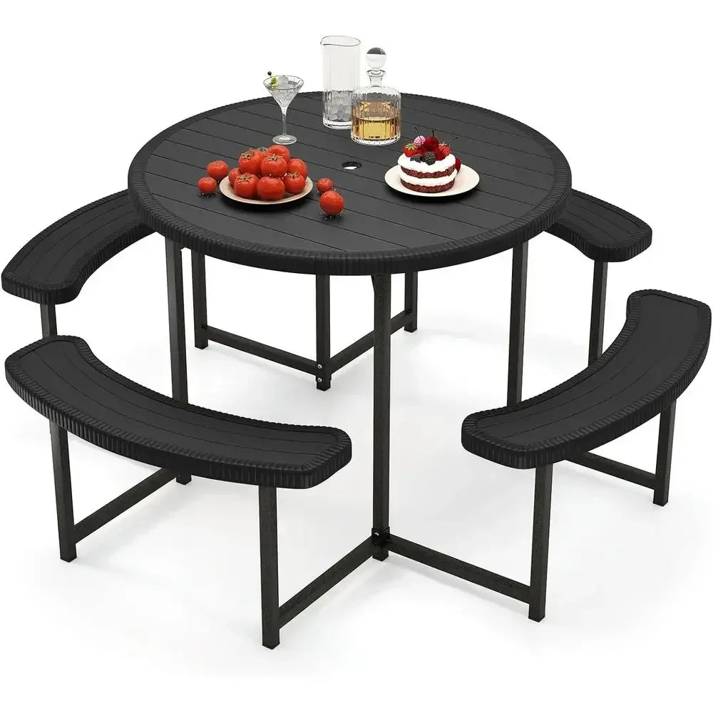 8-Person Round Outdoor Dining Table with Umbrella Hole, 37 HDPE Top, Metal Frame, Black Patio Furniture Set