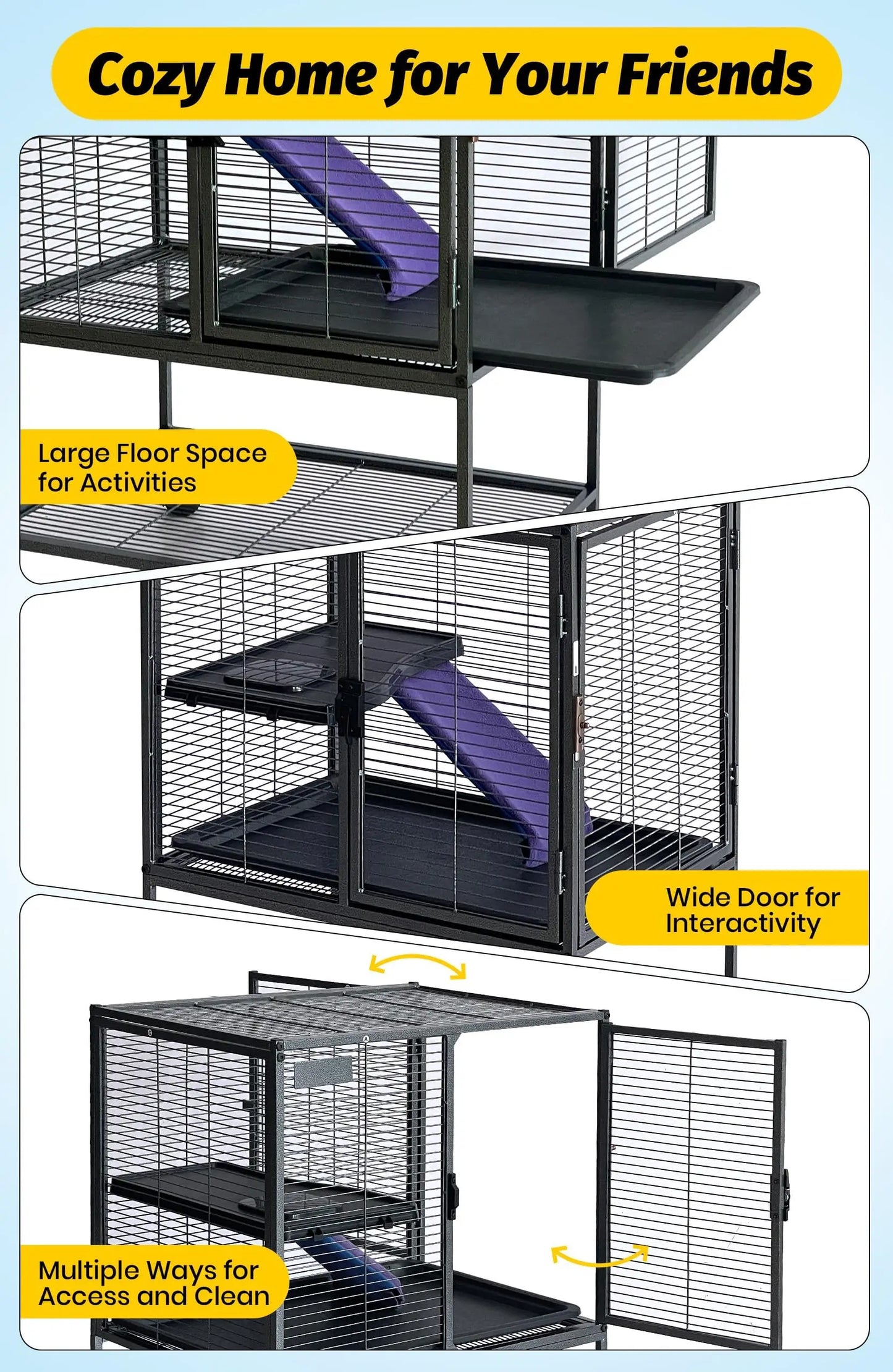 Multi-Level Metal Small Animal Cage Large Ferret Cage with Ramp Removable Tray & Storage Stand For Rabbit Guinea Pig Hedgehog