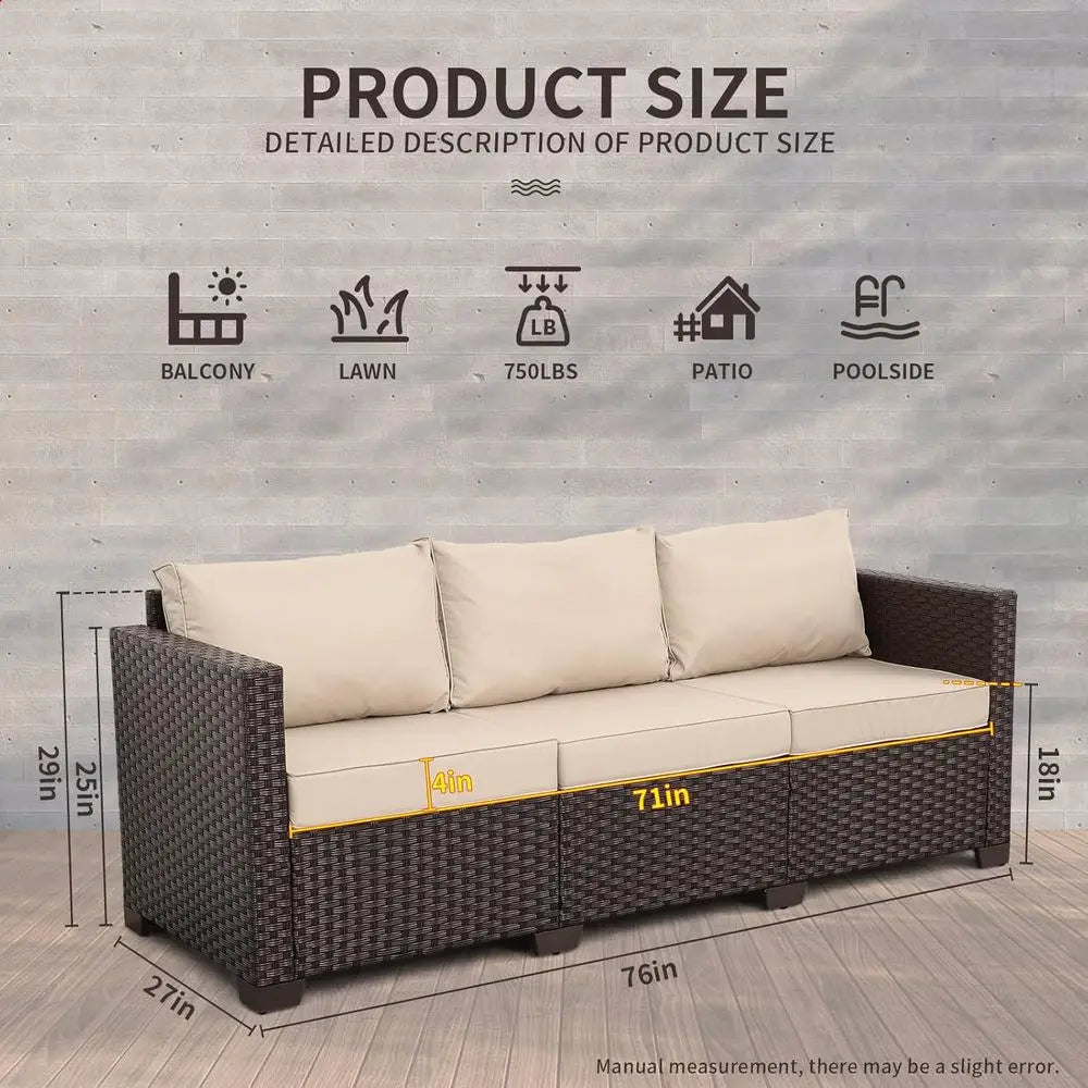 Patio Couch PE Rattan 3-Seat Outdoor Soa Brown Wicker urniture Set Deep Seating with Anti-Slip Beige Cushion
