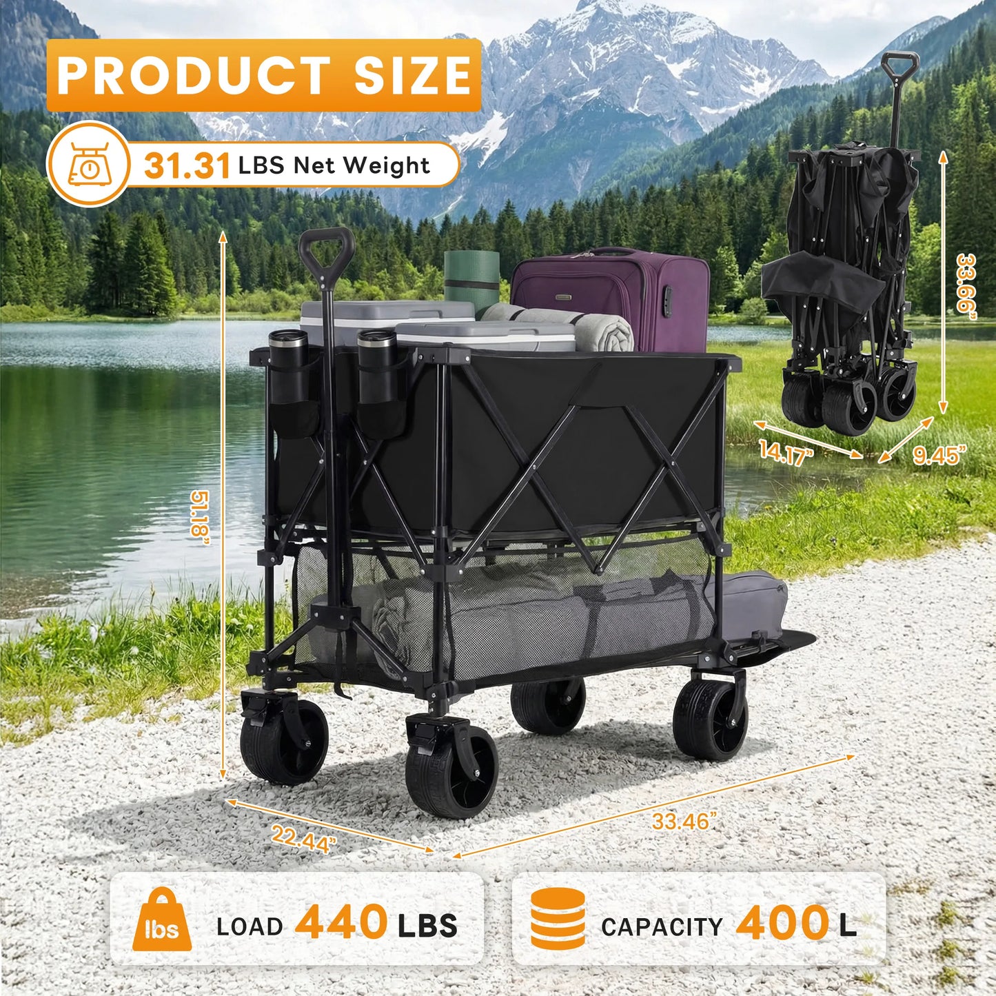 JHK Outdoor Double Decker Wagons Cart 440 lbs. Capacity Collapsible  and Foldable.