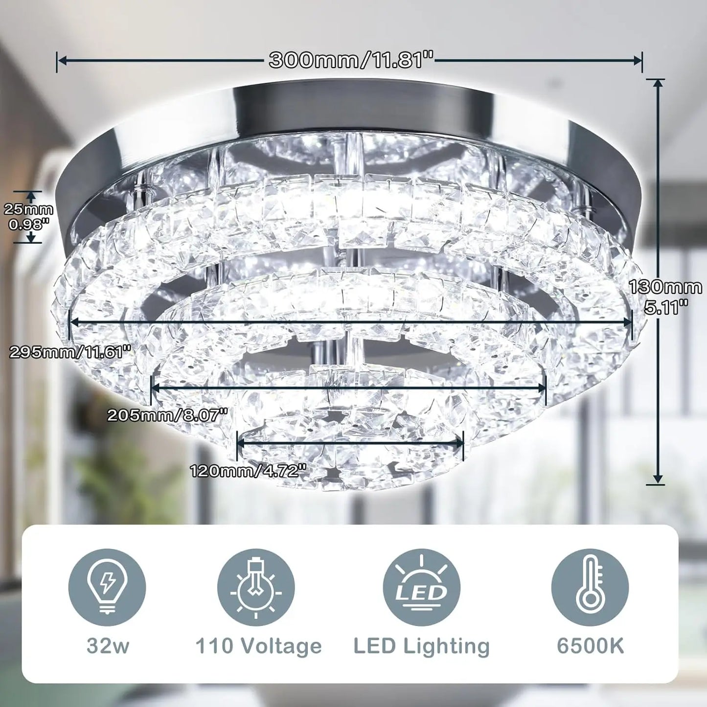 FRIXCHUR Crystal Chandeliers Modern LED Ceiling Light Semi Flush Mount