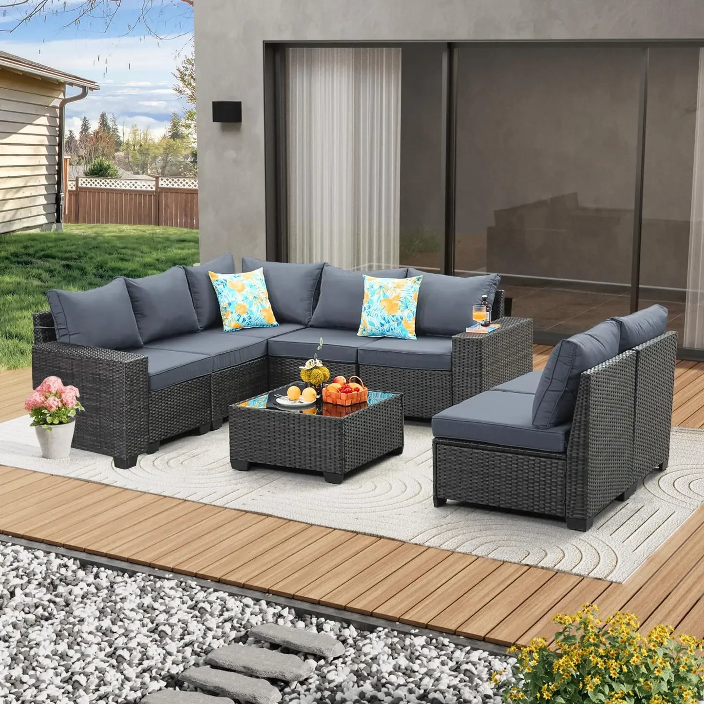 Patio Furniture Set Outdoor Wicker Sectional Conversation Sofa Rattan Patio Seating Sofa with Cushion and Glass Table
