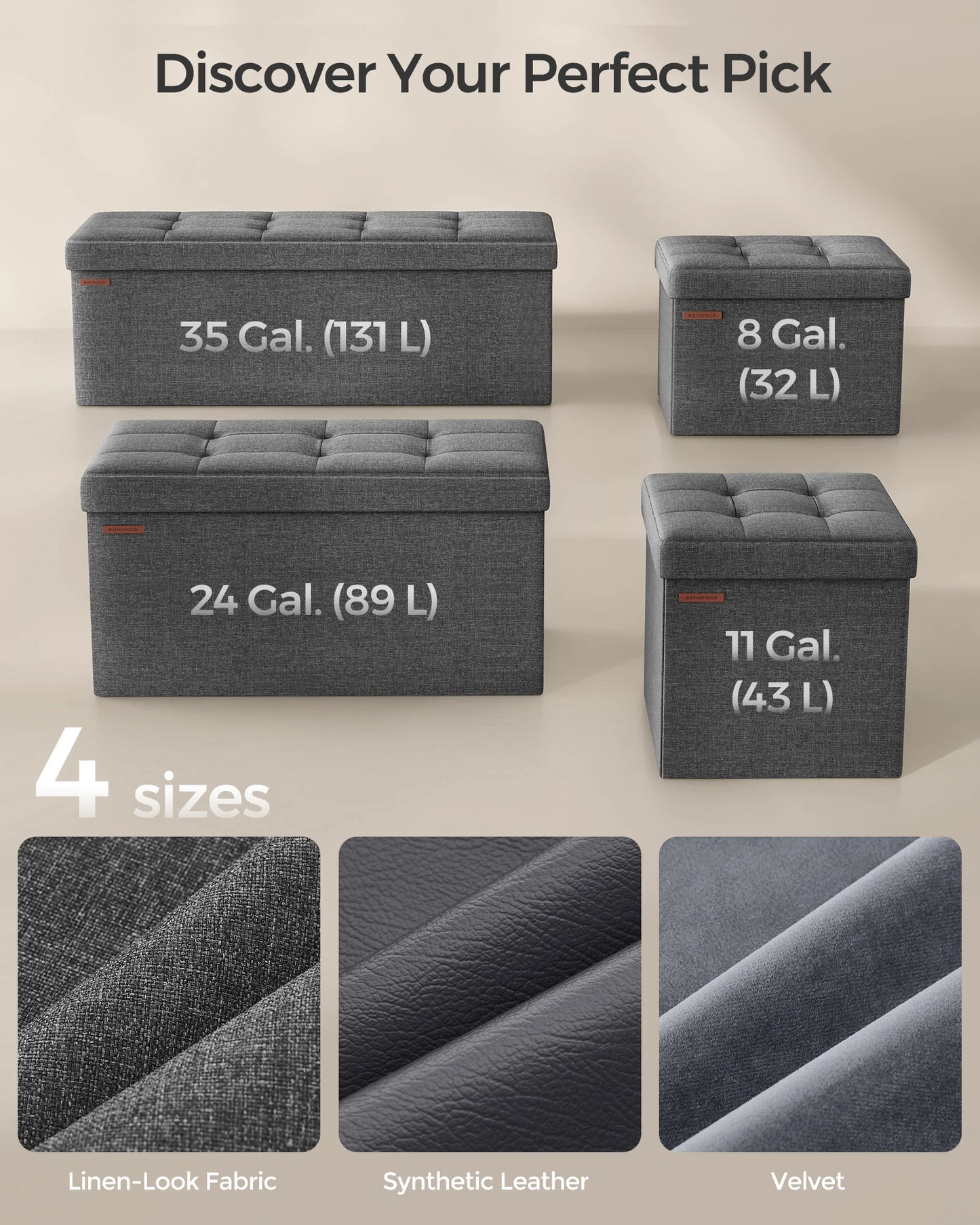 SONGMICS Small Folding Storage Ottoman, Set of 2, Foot Rest Stool, Cube Footrest, 12.2 x 16.1 x 12.2 Inches, 286 lb Load Capacit