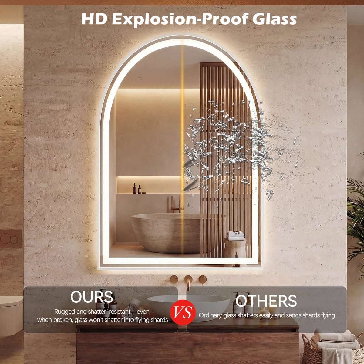 JHK LED Backlit Bathroom Vanity Mirror With Tempered Glass