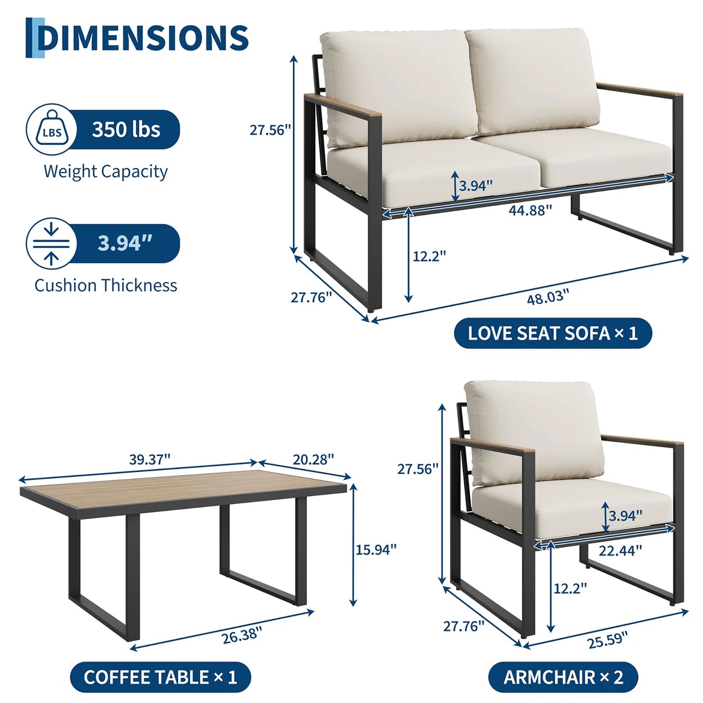 Modern 4-Piece Patio Furniture Set Outdoor Conversation Sectional Sofa With Coffee Table Thick Washable Cushions