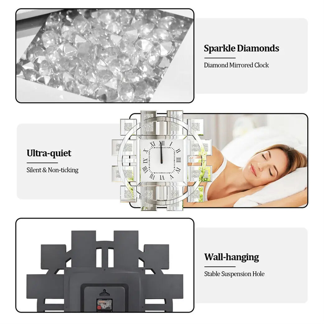 Round Wall Clock With Crushed Diamond Beveled Mirror Frame